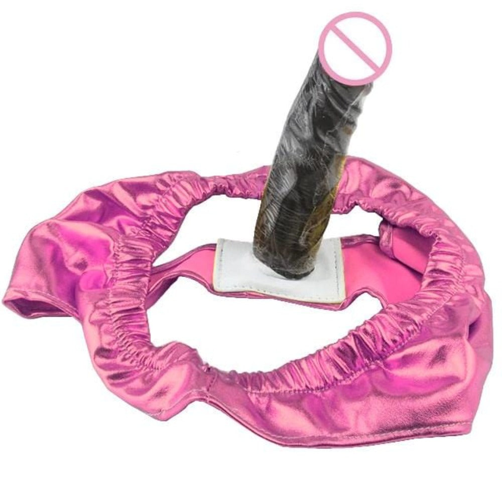 This is an image of Elastic Briefs with a stretchable fabric brief and a discreet 5.3-inch silicone dildo.