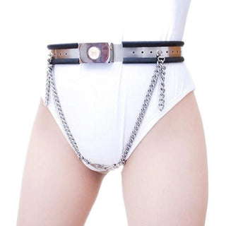This is an image of a female wearing Chains of Abstinence Belt, showcasing the adjustable waistline feature.