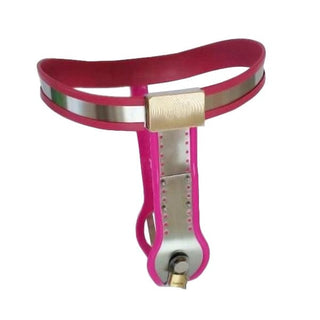 This is an image of Pink Ergonomic Belt with unique lock feature for playful dominance, perfect for exploring new realms of desire and intimacy.