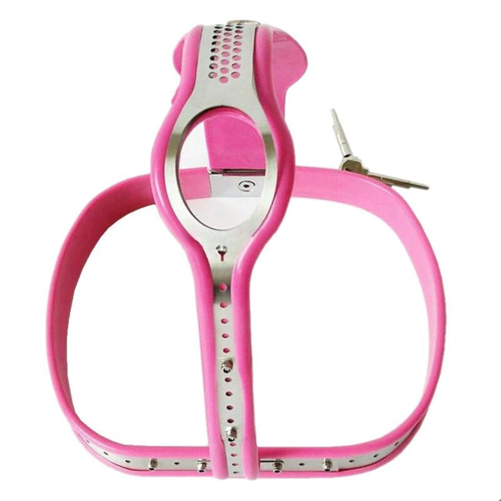 View the Abstinence Enforcer Female Chastity Belt in pink with silver color, designed for comfort and style.