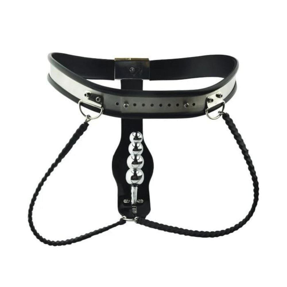This is an image of the chastity belt with an adjustable waistline and a beaded stainless steel plug for added stimulation.