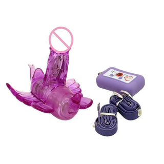 Image of the intricate butterfly head and antennae of the Wireless Vibrating Butterfly Strap On for clitoral tickling.