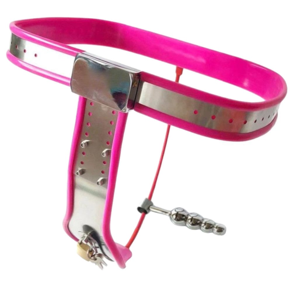 Check out an image of Orgasm Denial Belt in blue, black, and pink colors with stainless steel crotch plate and silicone liner belt.
