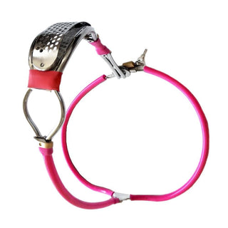 Observe an image of Hot Pink Micro Belt showcasing the silicone belt and stainless steel crotch area for control and desire.
