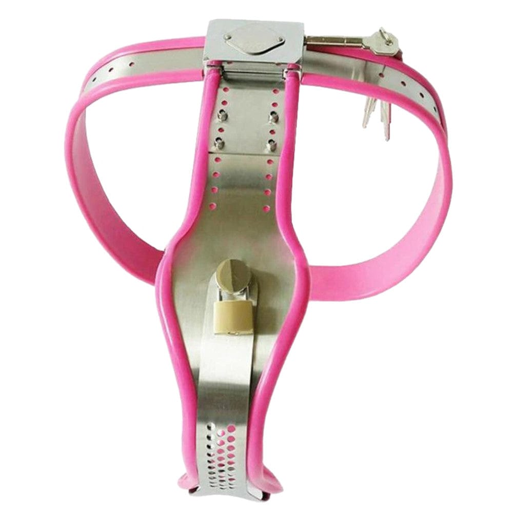 Presenting an image of Abstinence Enforcer Female Chastity Belt showcasing durable stainless steel crotch and adjustable silicone belt.