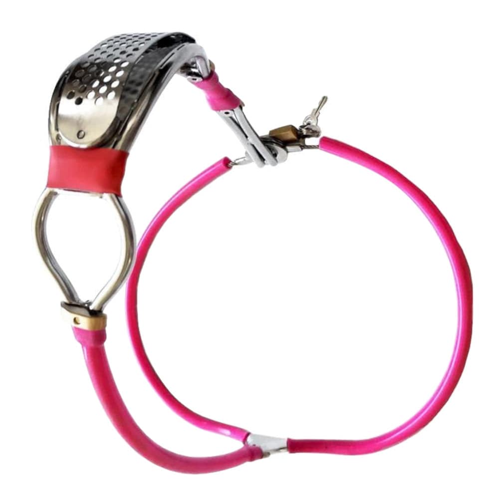 This is an image of Backdoor Entry Female Chastity Belt in pink color with silicone belt for waistlines 43.31 - 47.24.