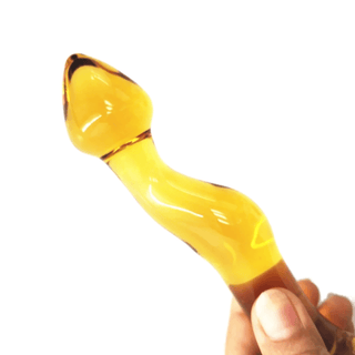 A picture of the textured glass dildo for G-spot and prostate massage, safe for vaginal and anal play.
