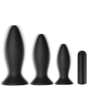 Check out an image of Silicone Vibrating Butt Plug With Suction Cup 5pcs Training Set featuring three plugs and a bullet vibrator.