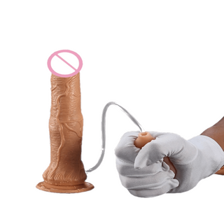 Featuring an image of Electric Squirting Dildo fulfilling a breeding fetish with realistic features, 8 inches long, 1.6 inches wide, and made of body-safe silicone.