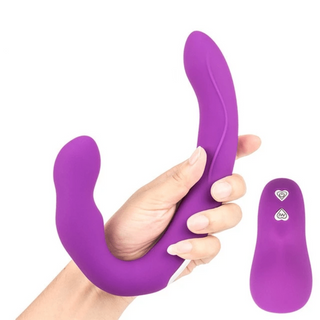 You are looking at an image of Model A of the Strap On Remote Vibrator, 8.66 inches in length with varying widths.