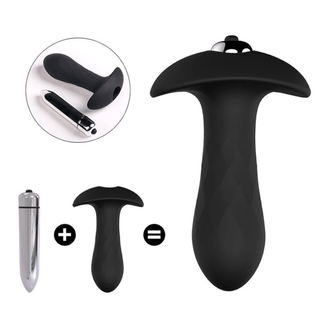 Black silicone vibrating butt plug with a T-shaped base for safe use and easy insertion.