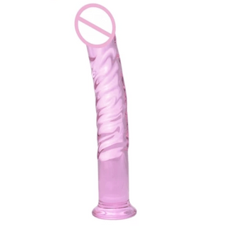 In the photograph, you can see an image of Ribbed Masturbation Stimulator Pink Dildo, a 7.3-inch glass dildo in pink color with ribbed texture for toe-curling sensations.