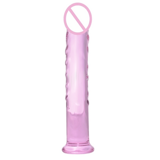 What you see is an image of Ribbed Masturbation Stimulator Pink Dildo, a curved glass wand designed for targeted stimulation of pleasure points.
