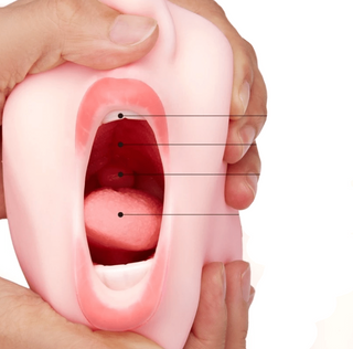 Image of Mouth Wide Open Blowjob Male Stroker specifications, including flesh color, TPE material, and dimensions of 6.69 inches in length.