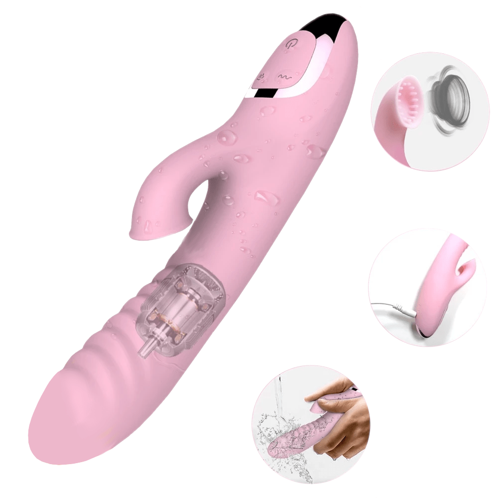 This is an image of a light pink silicone and ABS vibrator with a length of 8.27 inches and a width of 1.57 inches.