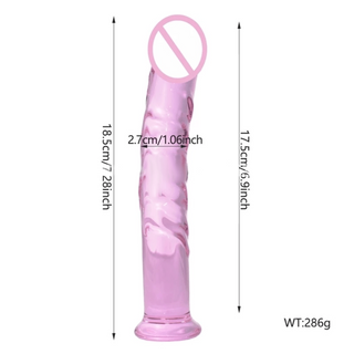 Pictured here is an image of Ribbed Masturbation Stimulator Pink Dildo Specifications, detailing the pink color, glass material, and dimensions of the glass wand.