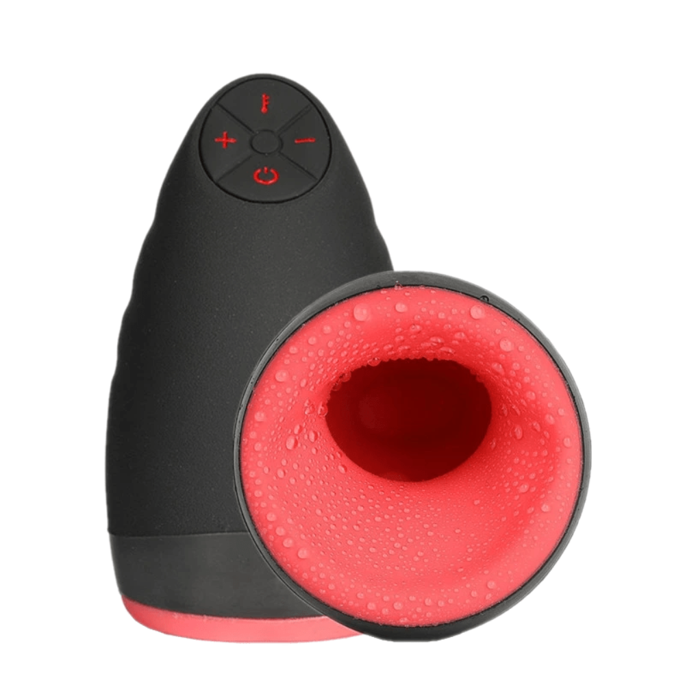 Displaying an image of Sensation Overload 6-Speed Heated Vibrator Pussy in black and red color, made of silicone material.