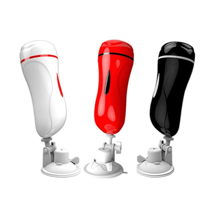 Feast your eyes on an image of Pleasure Overload Blowjob Machine Vibrating Suction Cup Male Masturbation Sex Toy in white, black, and red colors