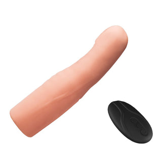Pictured here is an image of a remote-controlled vibrating penis sleeve with adjustable vibration modes for heightened intimacy.