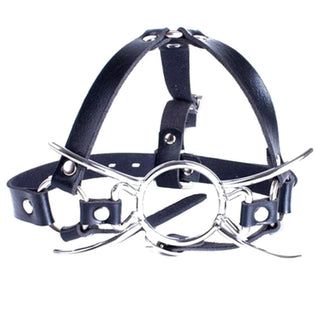 Pictured here is an image of Spreader Spider Ring Gag with metal spider gag and adjustable synthetic leather straps for bondage play.