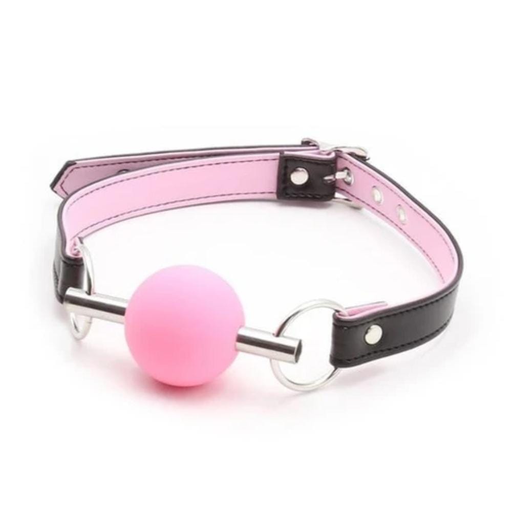 View of Mouthful Adult Gag in pink, black, and red colors with adjustable functionality.