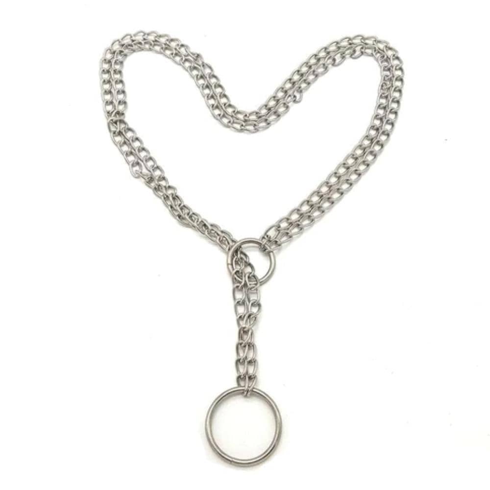 This is an image of Heavy Duty Iron Dual Chain Necklace Choker for Non-Bondage Jewelry, showcasing its robust dual-chain design for intense pet-play experiences.