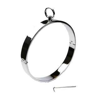 In the photograph, you can see an image of Unisex Stainless Eternity Collar Metallic, featuring a sleek design with a classic O-ring detail for fashion and intimate play.