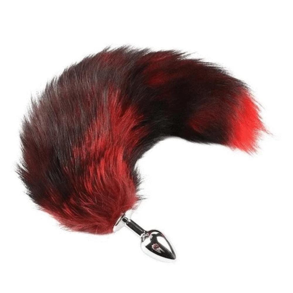 What you see is an image of Black and Red Stripes Cat Tail Metallic Tail with stainless steel plug and red and black faux fur tail.