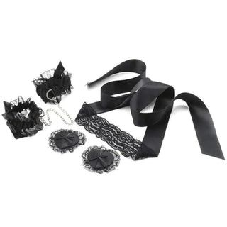 What you see is an image of Racy Daisy 3-Piece Lace BDSM Gear Set with Bondage Restraints featuring silk blindfold, lace nipple covers, and adjustable handcuffs for heightened intimacy.