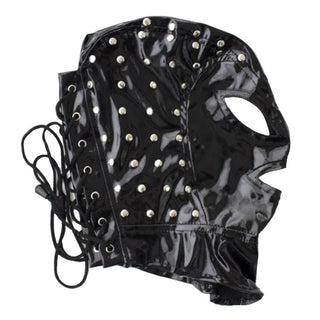 Bold Studded Wet Look BDSM mask obstructing sense of smell for intensified sensory experience.