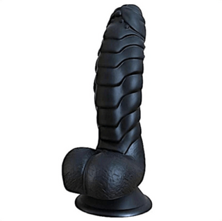 Take a look at an image of Scaly 6 Inch Silicone Suction Cup Dragon Dildo Male With Testicles in jet black color.