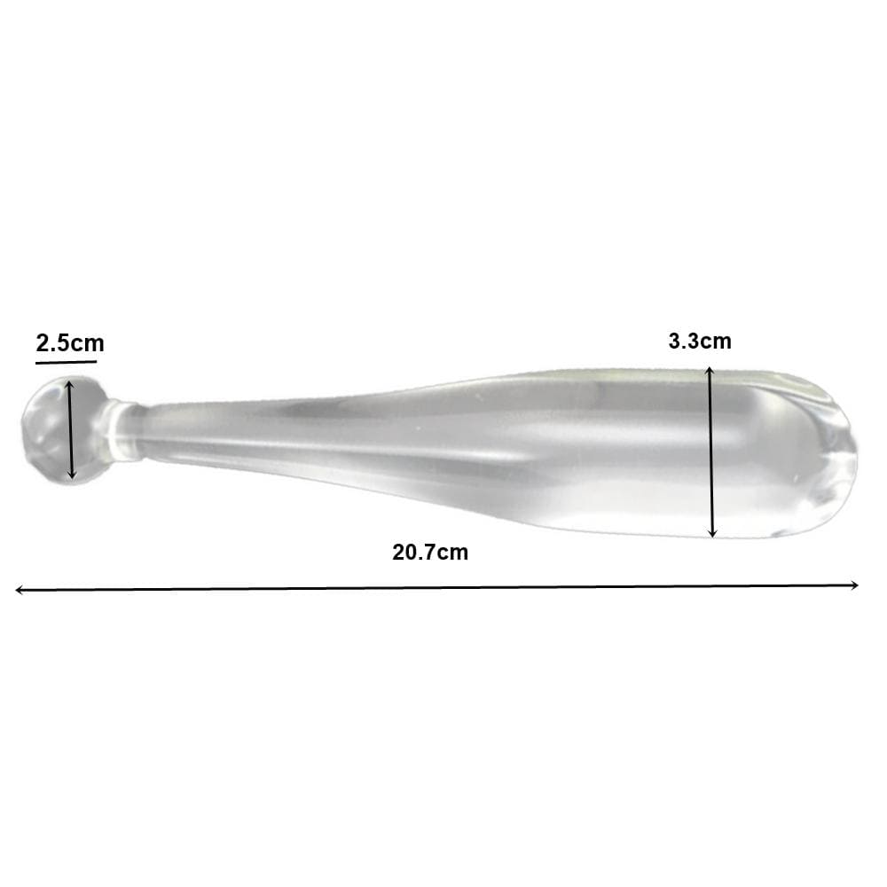 A picture of Batter up Glass Dildo Baseball, a transparent glass dildo with a handle for easy stroking and temperature play options.