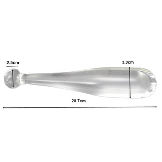 A picture of Batter up Glass Dildo Baseball, a transparent glass dildo with a handle for easy stroking and temperature play options.