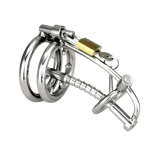 Displaying an image of Urethral Chastity Cock Cage made from high-quality stainless steel, 2.76 inches in length.