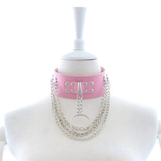 Presenting an image of Pretty in Pink Permanent Locking Collar For Pretty Submissive Slaves in feminine pink shade with stainless steel chains.