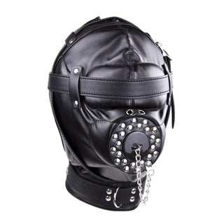 Black Leather Mask with intricate belted design for sensory deprivation.