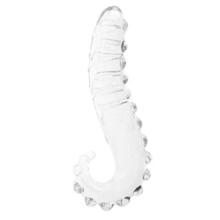 Here is an image of Tentacle of Ecstasy Octopus Glass Dildo, 6.7 inches long and 1.4 inches wide, made of high-quality transparent glass for intense stimulation.