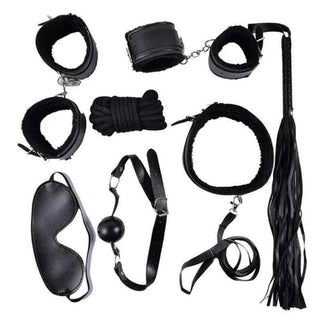 What you see is an image of Please and Tease 7-Piece BDSM Gear Set in Black with Leather and Rope Bondage Restraints