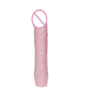 Realistic orgasm-inducing solid feel penis sleeve enlarger in flesh color, made of silicone, dimensions 7.48 inches length by 1.57 inches width.