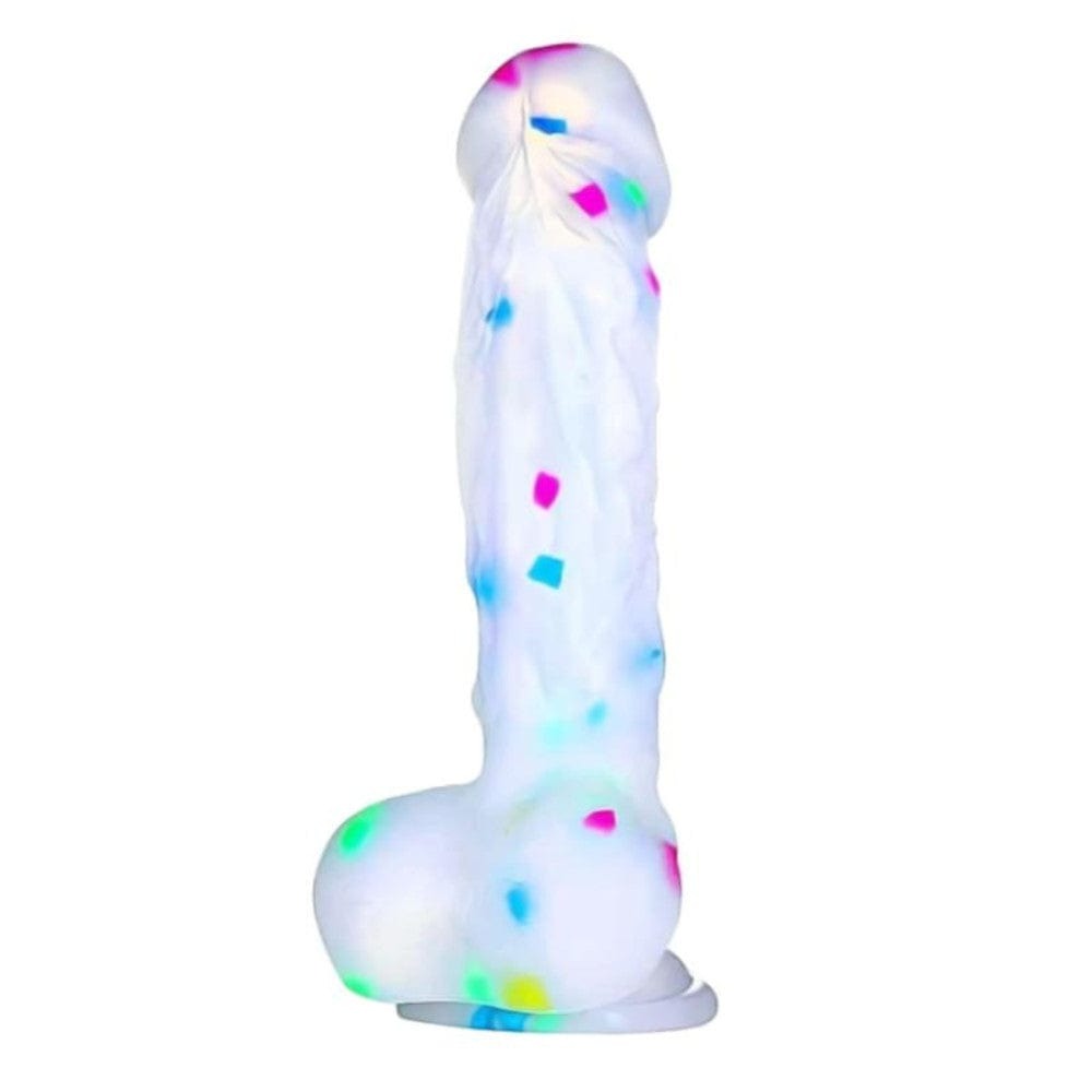 Feast your eyes on an image of Soft Jelly Colorful Dildo With Suction Cup and Balls, featuring confetti-like spots on a white shaft.