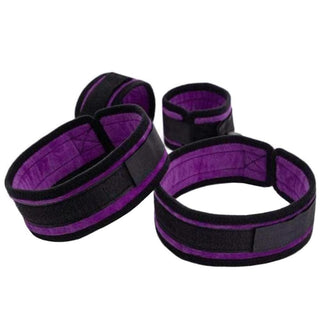 This is an image of Wrist and Thigh Ankle Cuffs for Bondage Play with Hand Restraints showcasing adjustable straps for a tailored fit.