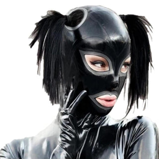 Here is an image of Sadistic Dominatrix Latex Mask with strategically placed openings for eyes, mouth, and hair, designed for BDSM play.