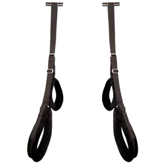What you see is an image of Hanging Adventure Doorway Sling Sex Swing, featuring durable nylon straps and padded collars for arms and legs.