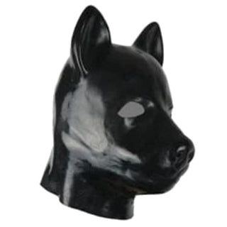 Latex dog mask with zippered back for precise fit and pet play enhancement.