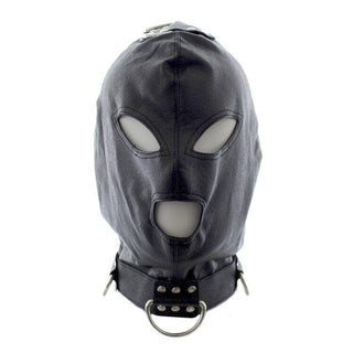 Displaying an image of Slave Punishment Hood in black PU leather with metal grommets and lace detail for secure fit.