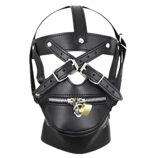 Hardcore Fetish Leather Mask with lockable mouth pad and adjustable straps for passionate encounters.