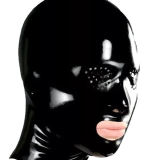 What you see is an image of Black Latex Mask Bdsm Cosplay - a stretchable latex hood designed for sensory play in BDSM.