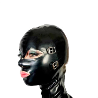 Latex hood with adjustable sizes to fit head and neck circumferences for BDSM exploration.