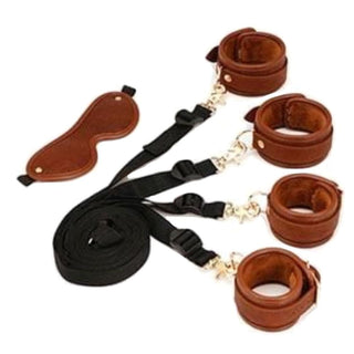 This is an image of Vintage Leather Bondage Bed Restraints Strap for Ankle in brown cuffs and black straps made from PU Leather and Nylon materials.