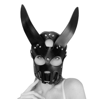 Check out an image of Badass Black Leather Rabbit Mask with playful rabbit ears and adjustable straps for a perfect fit.